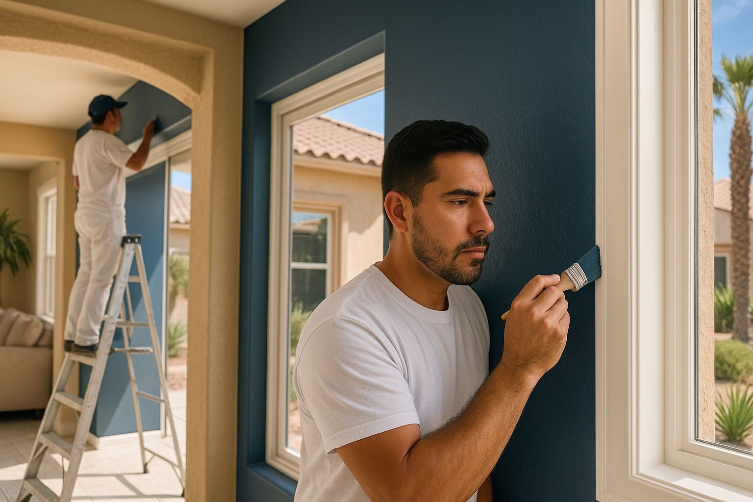 Painter cutting a crisp line between a deep accent color and warm white trim in an upscale Henderson, NV living room